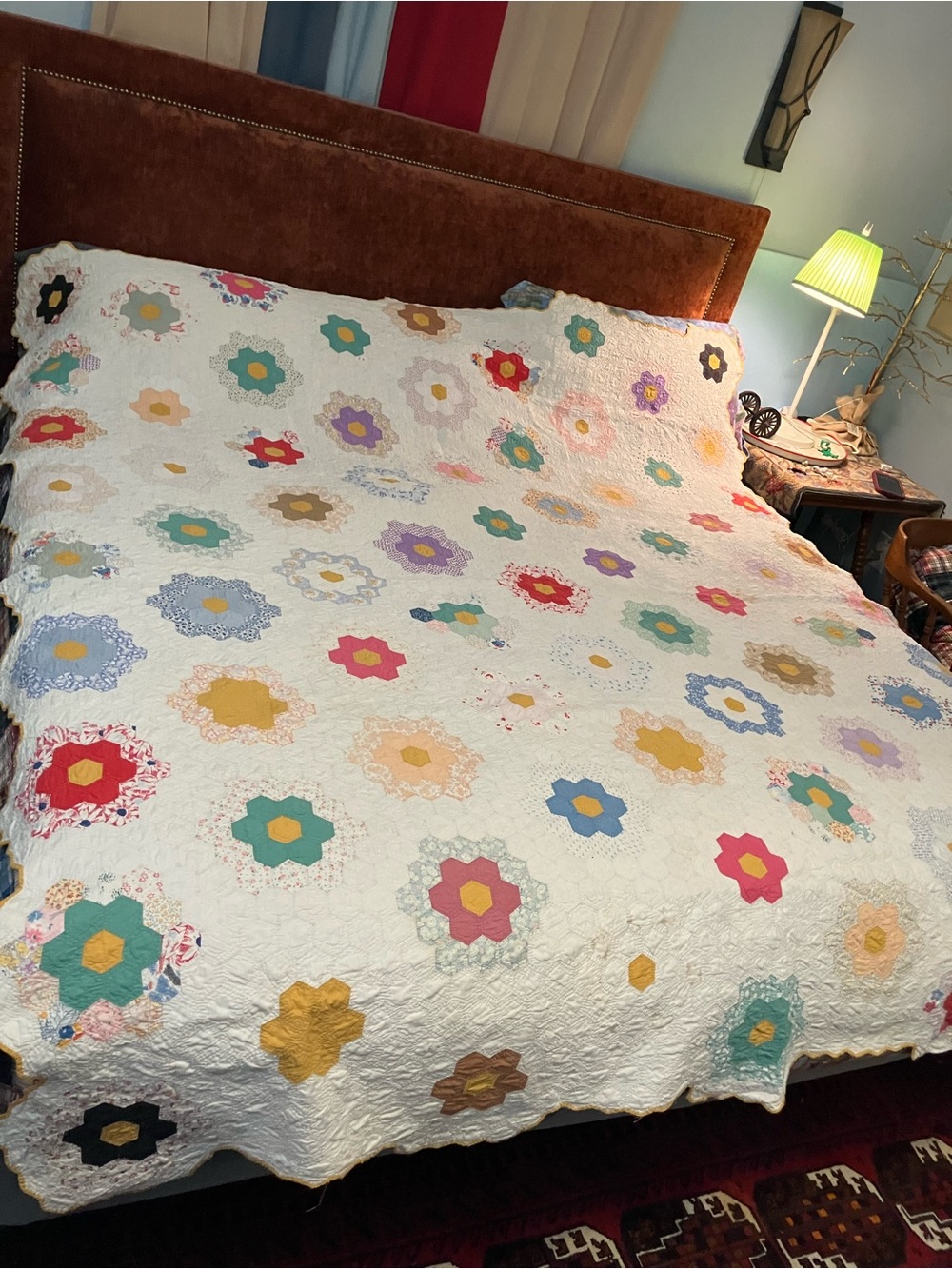 Vintage Grandmothers Flower Garden Patchwork Quilt Multicolor Flowers Queen Size